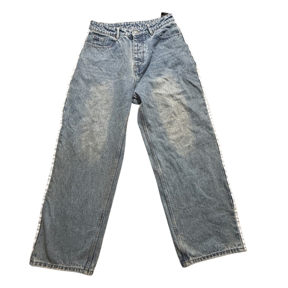 Balenciaga Adidas Wide Leg Striped Jeans Light Wash Blue Denim Distressed